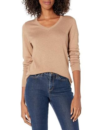 Amazon Essentials Women's Classic-Fit Lightweight Long-Sleeve V-Neck Jumper (available in Plus Size), Camel Heather, L