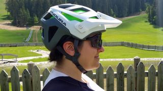A side view of Mildred Locke wearing the Endura MT500 Mips helmet