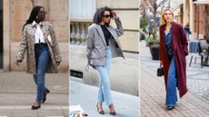 three street style photos of women wearing jeans 