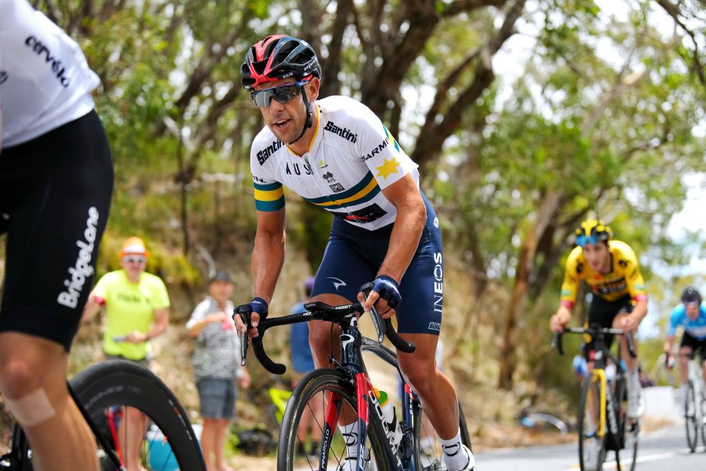 WILLUNGA HILL AUSTRALIA JANUARY 29 Richie Porte of Australia and Team Garmin Australia competes on the last race of his professional career during the 2nd Santos Festival Of Cycling 2022 Mens Elite Stage 3 a 1132km stage from McLaren Vale to Willunga Hill 224m TourDownUnder on January 29 2022 in Willunga Hill Australia Photo by Daniel KaliszGetty Images