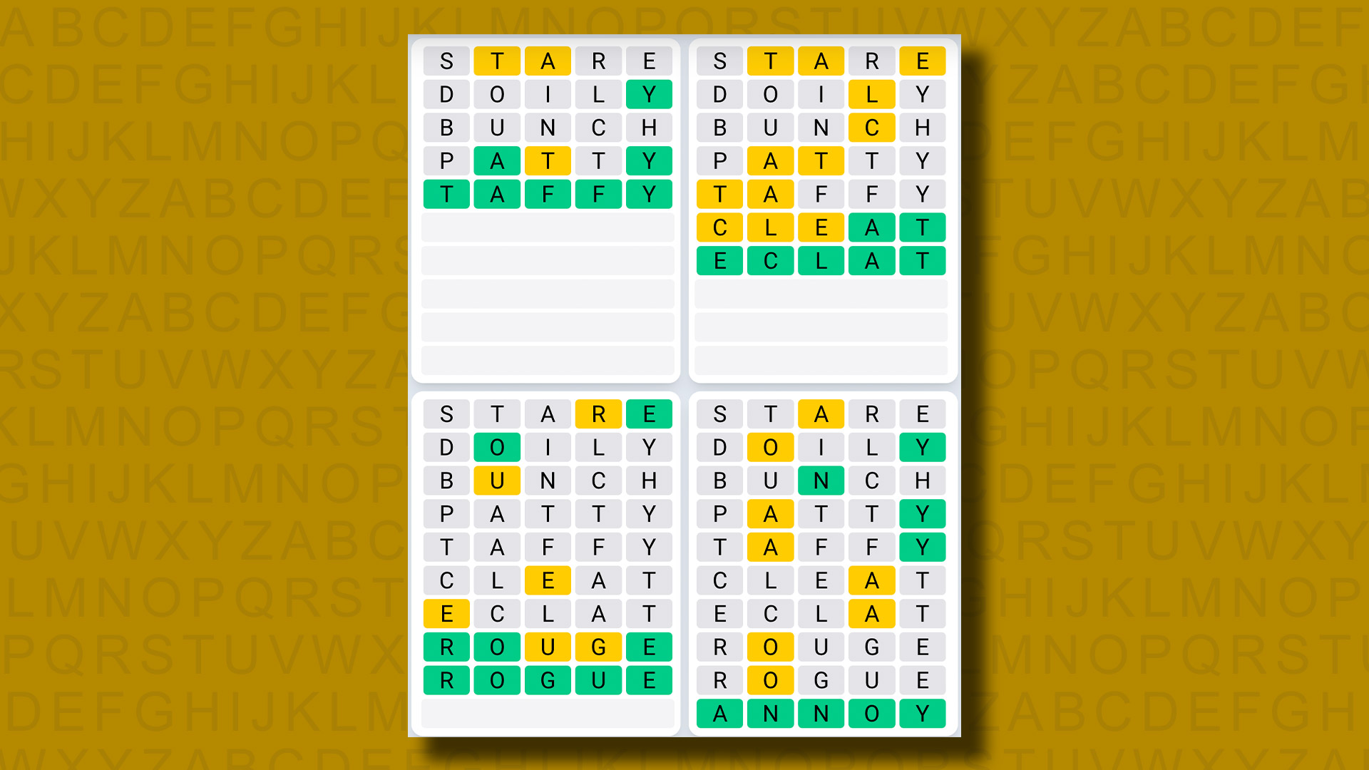 Ежедневная последовательность ответов Quordle для игры 822 на желтом фоне