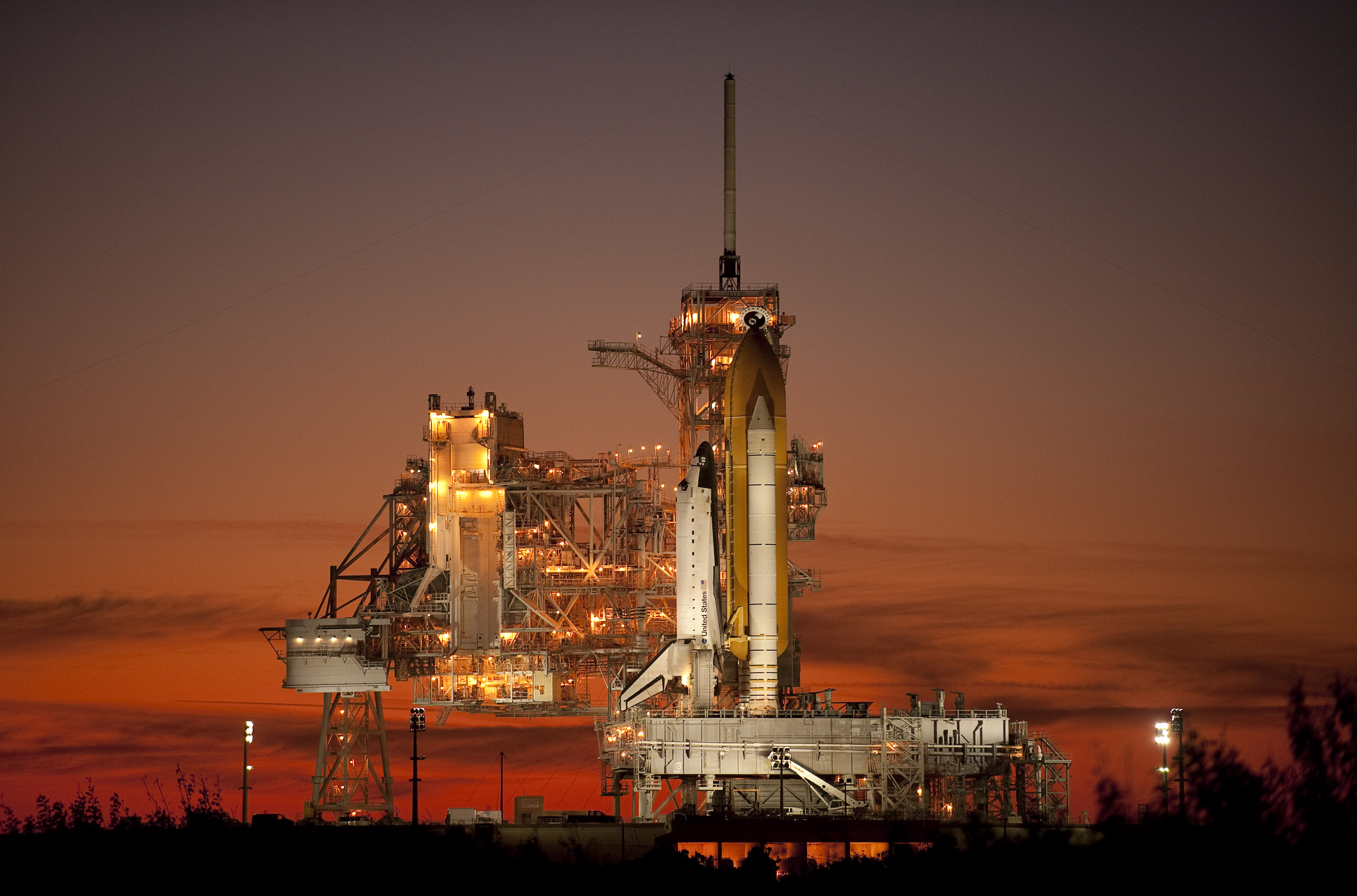 The space shuttle Atlantis is seen on launch pad 39a of the NASA Kennedy Space Center shortly after the rotating service structure was rolled back, Sunday, Nov. 15, 2009, Cape Canaveral, FL.