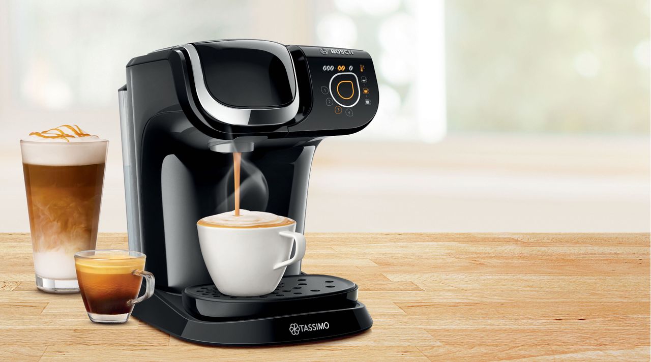 Tassimo coffee machine on a wooden worktop 