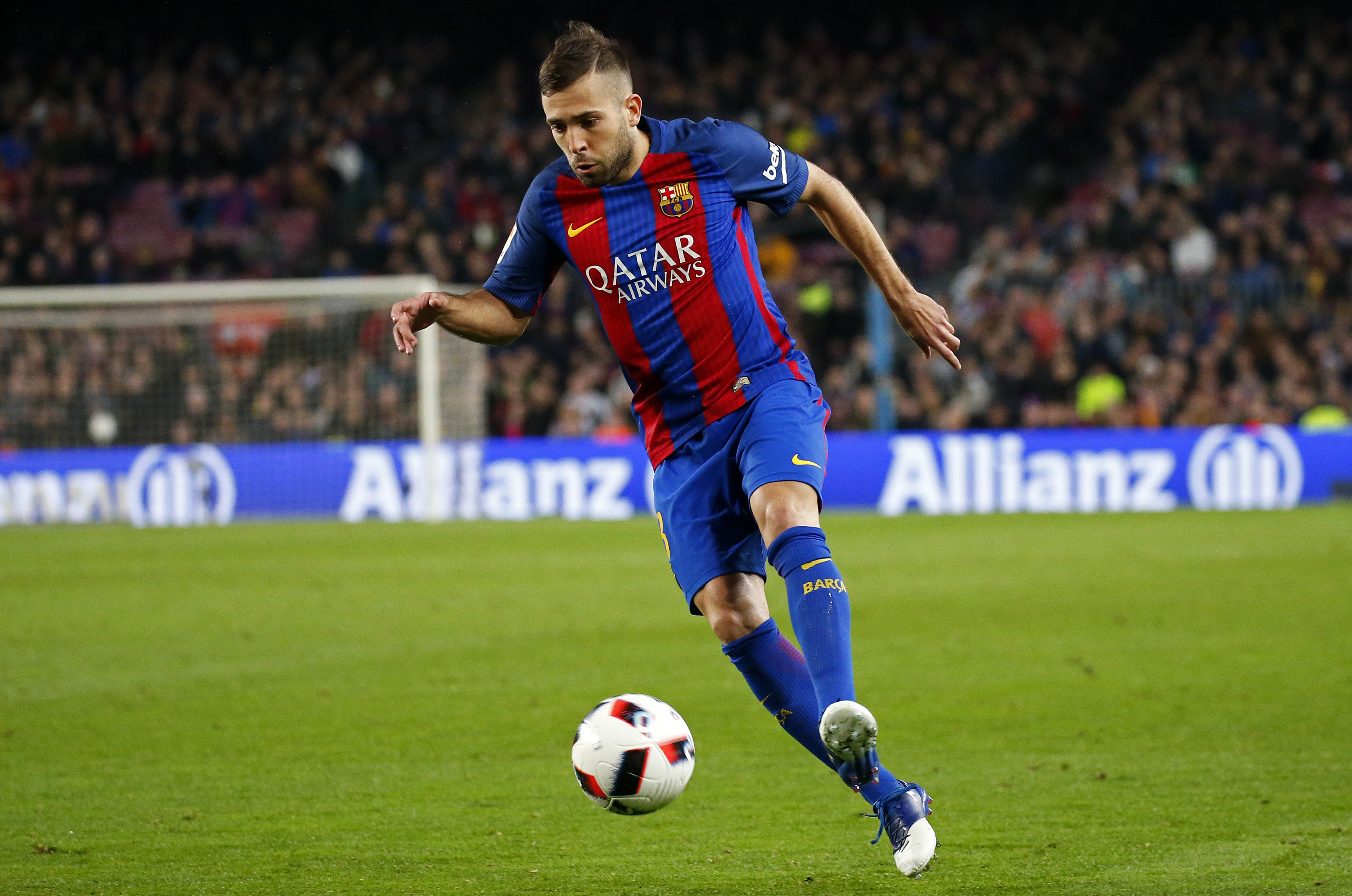 News Jordi Alba on the ball for Barcelona in opposition to Atletico Madrid in the Copa del Rey in February 2017.