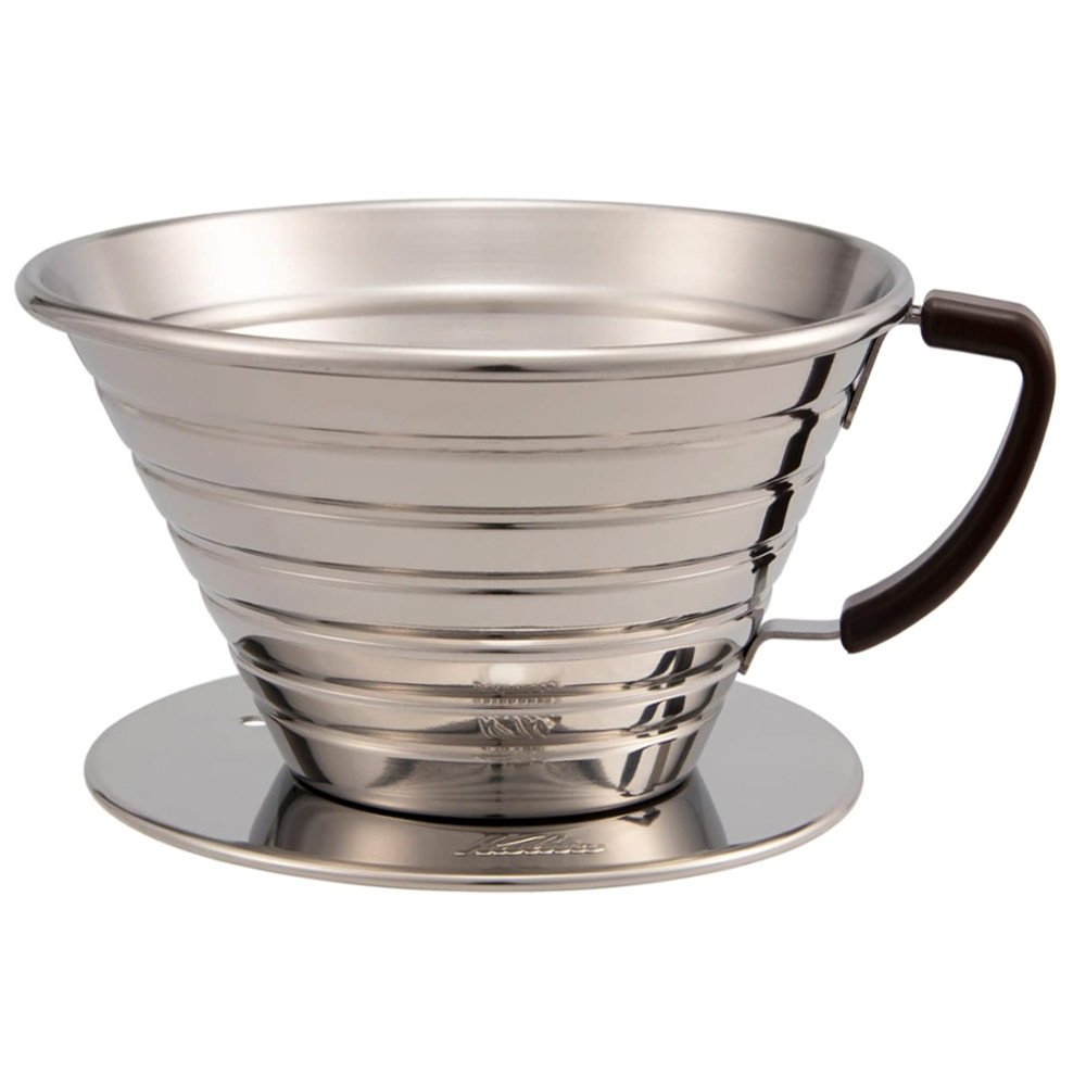 a photograph of the stainless steel kalita wave on a white square background