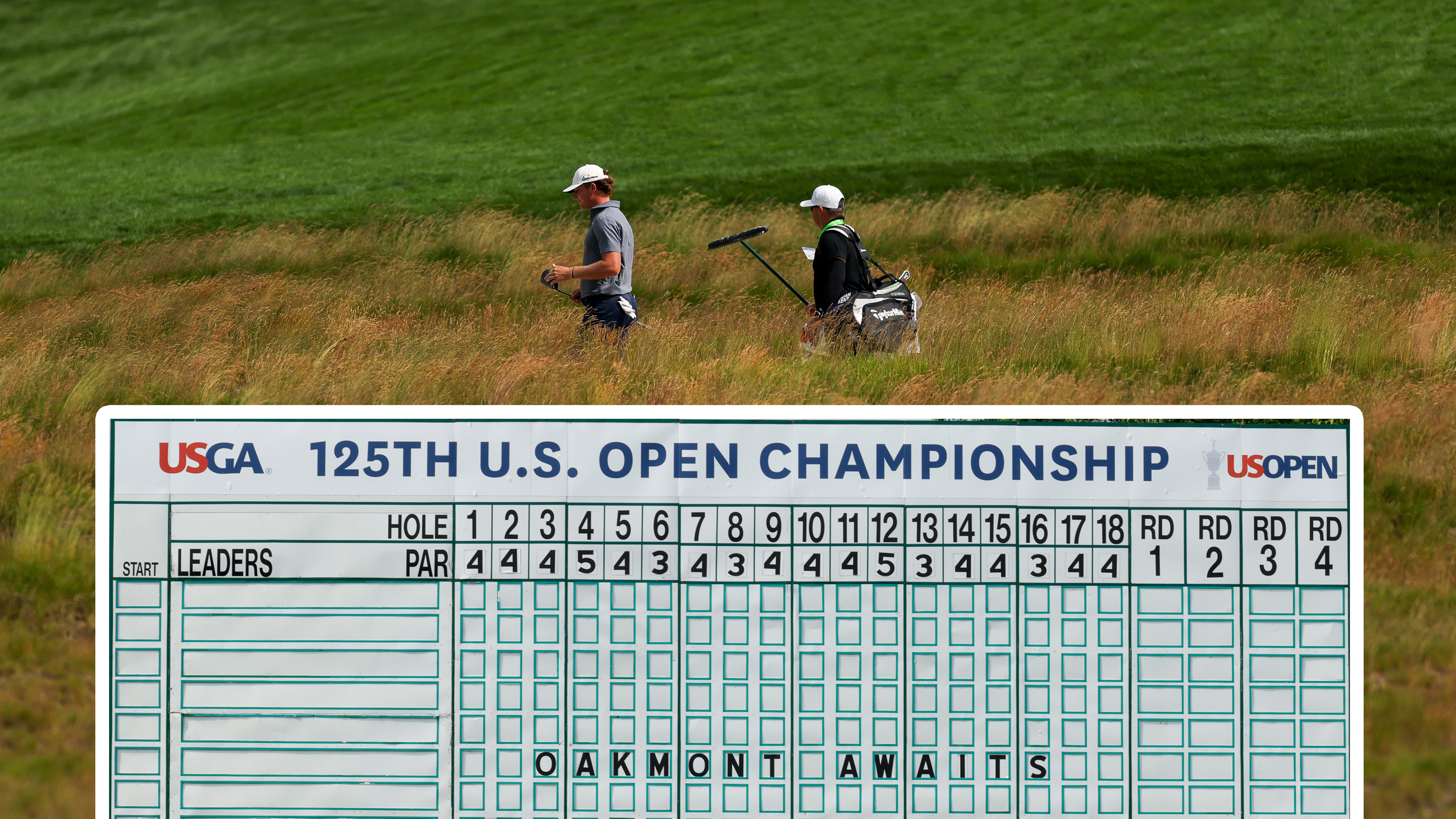 Noah Kent and his caddie in the long rough at US Open 2025 venue Oakmont Country Club, with an inset image of the 125th US Open Championship leaderboard that is blank other than reading &#039;Oakmont awaits&#039;