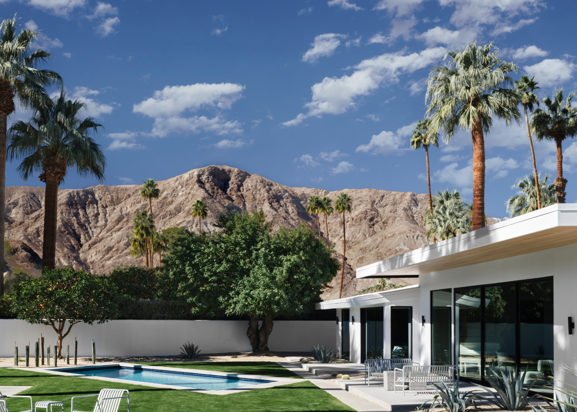 sleek white house with a pool on a tropical landscape with a mountain and palm trees