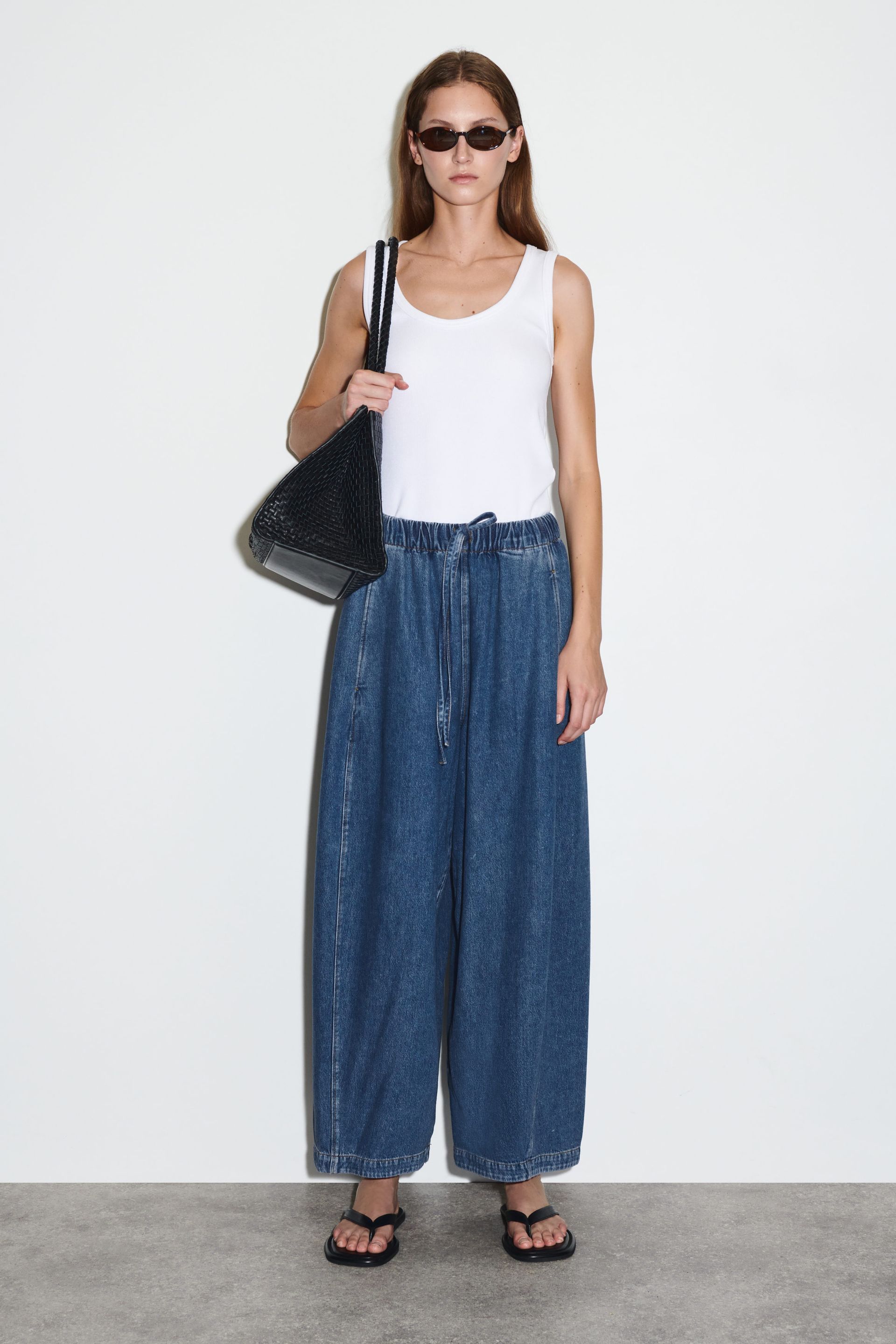 Barrel-Leg Denim Drawstring Trousers
