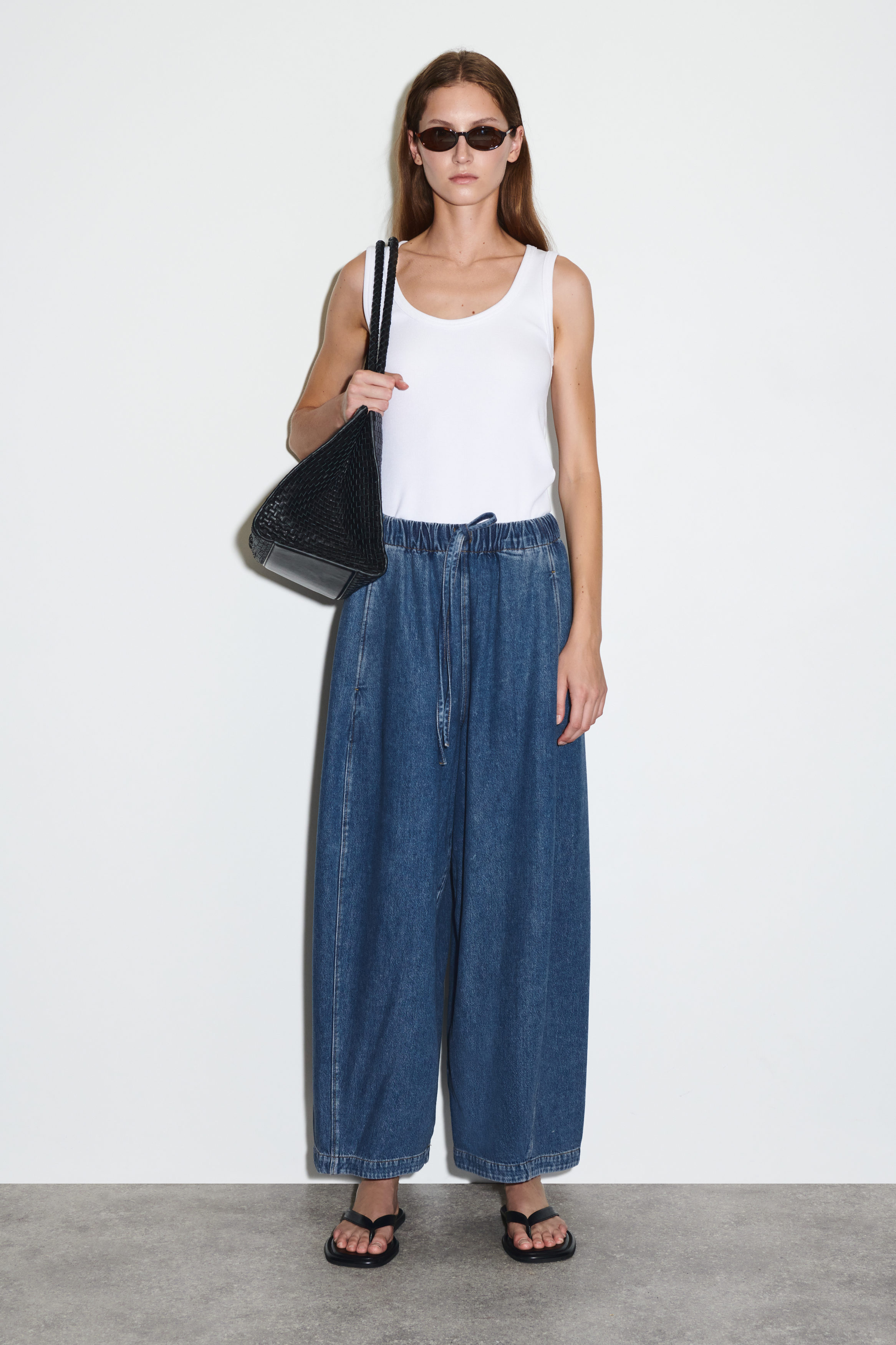Barrel-Leg Denim Drawstring Trousers