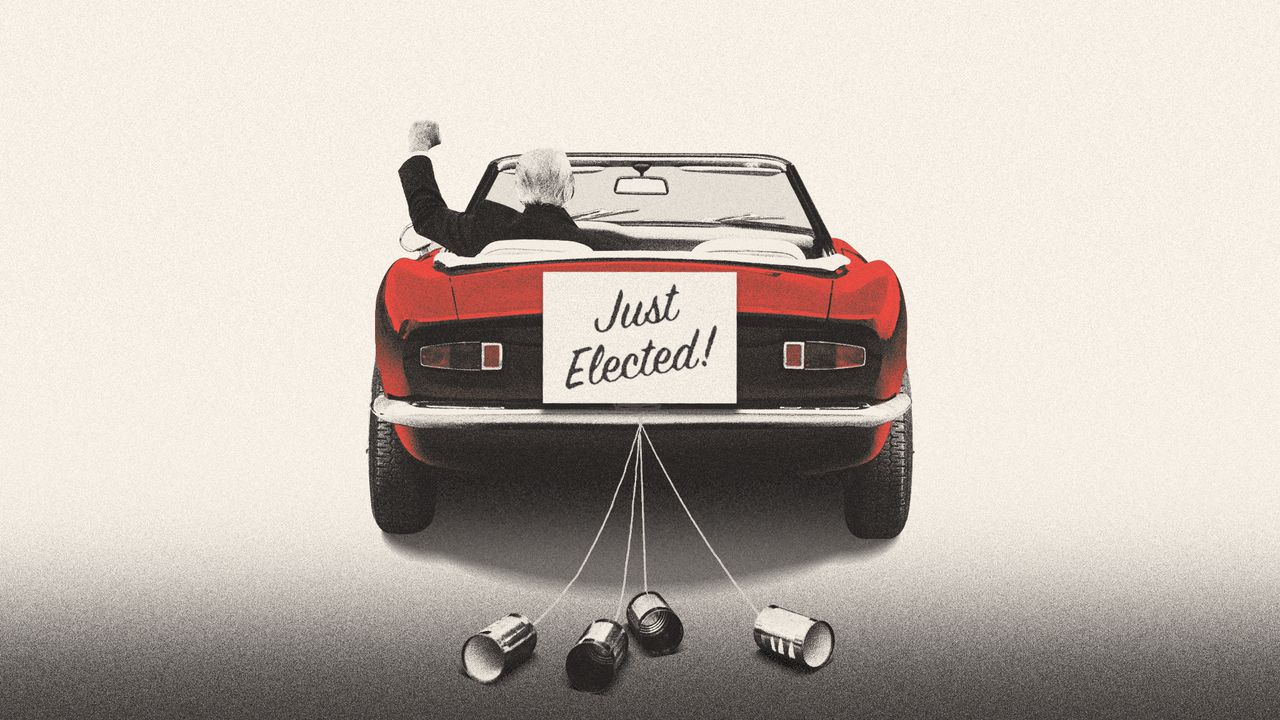 Illustration of Donald Trump driving a honeymoon-style car with cans on string and a Just Elected sign