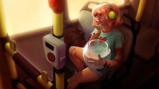 Girl with pink hair holding fishbowl on bus