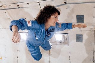 Sharon Christa McAuliffe, STS-51L teacher in space, trains in zero-gravity during a flight on board NASA's KC-135 aircraft.