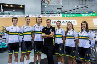 Simon Jones with members of the Australian team at the 2017 Track Worlds