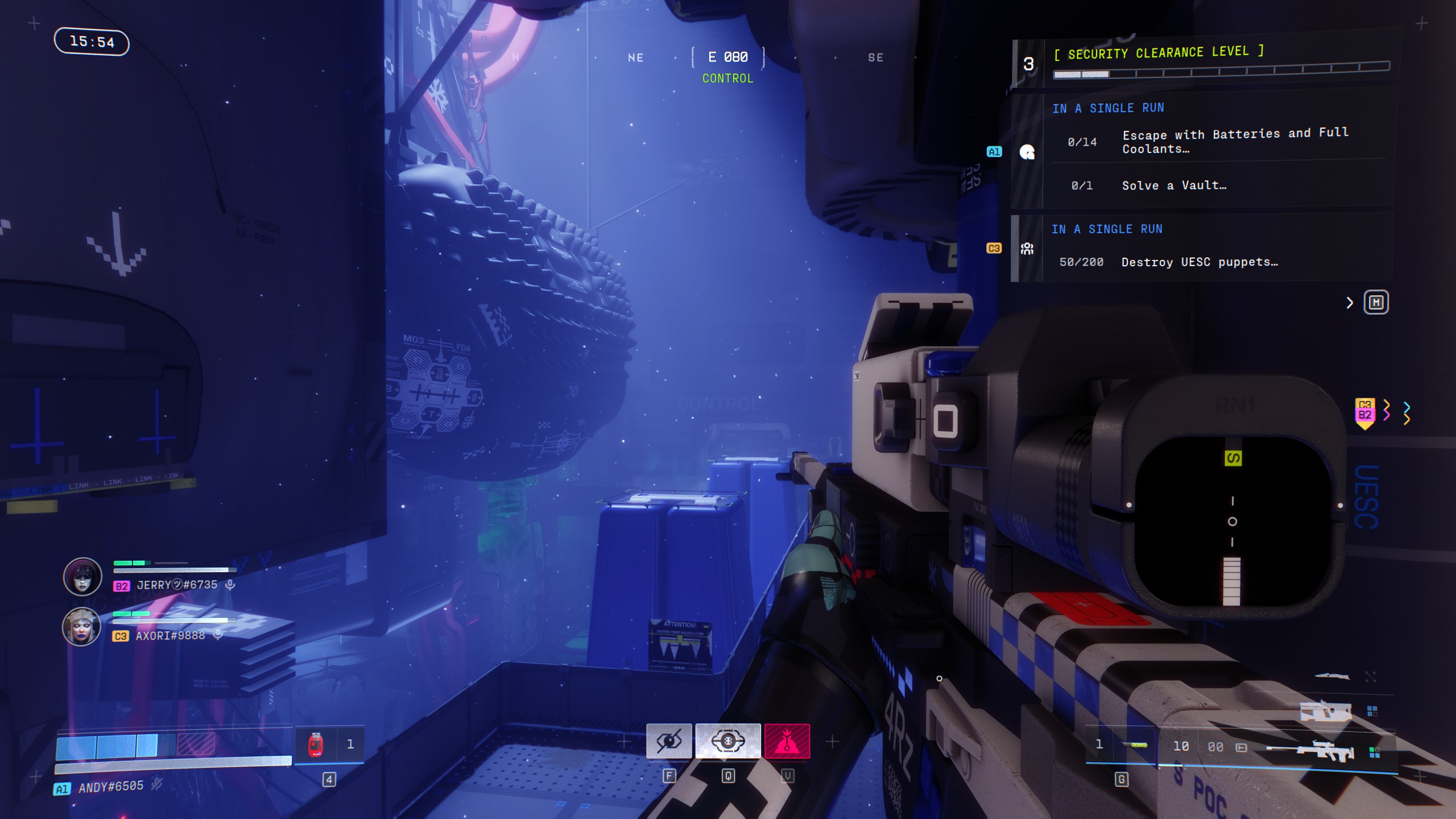 Looking at a large structure lit by cold blue light in Marathon's Cryo Archive zone