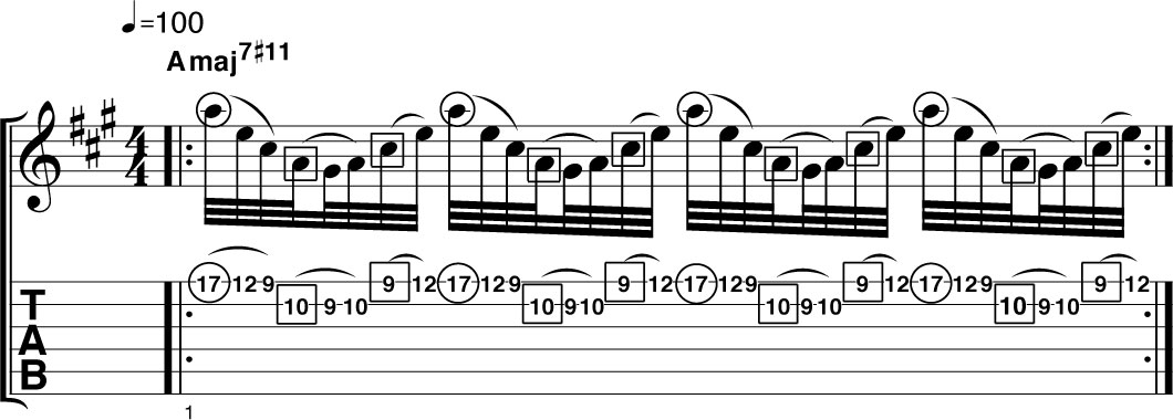 Tapped major 7th arpeggio