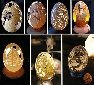French sculpture artist Christel Assante carves detailed images into various animal eggs, including ostrich and emu eggs