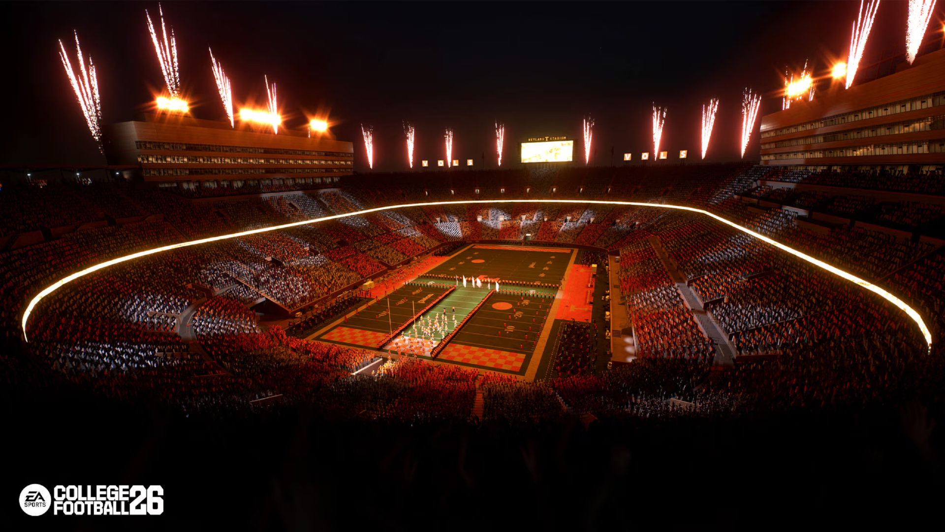 College Football 26: a screenshot of a stadium lit up at night.