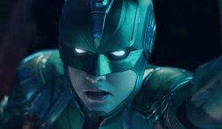 Carol Danvers wearing helmet in Captain Marvel