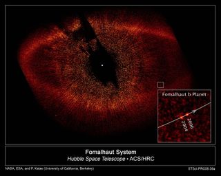 he Hubble Space Telescope's view of the star Fomalhaut and a directly imaged object encircling it, Fomalhaut b, thought to be an exoplanet.