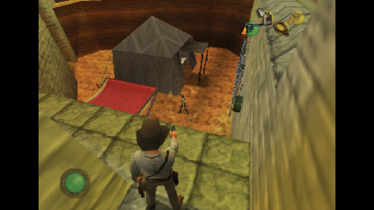 Indiana Jones targets a Russian soldier in Indiana Jones and the Infernal Machine for Nintendo 64, from Retro Gamer magazine