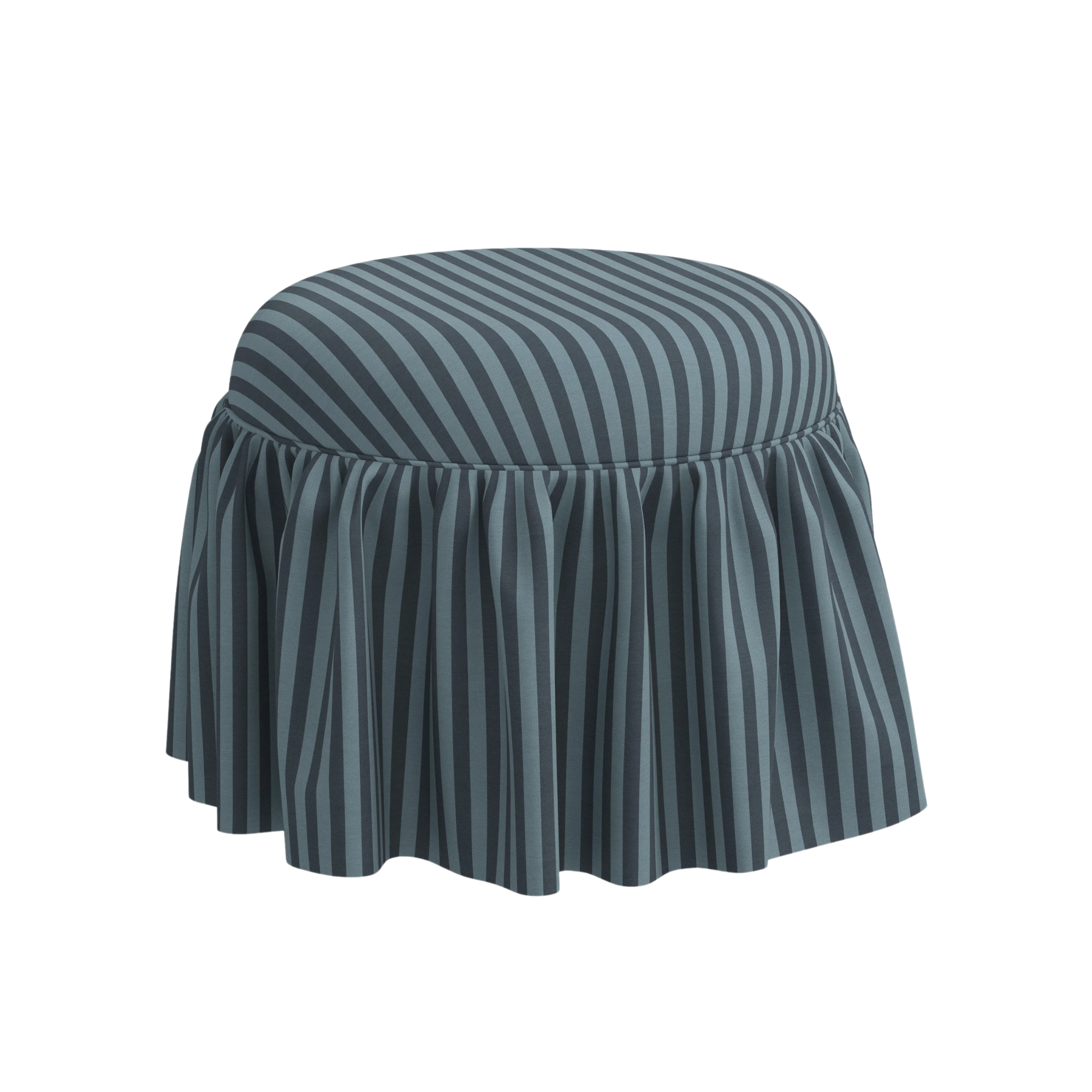 dark and light blue striped ottoman with a long skirt