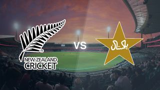 A cricket pitch with the New Zealand and Pakistan logos on top, for the New Zealand vs Pakistan live stream of the T20 World Cup