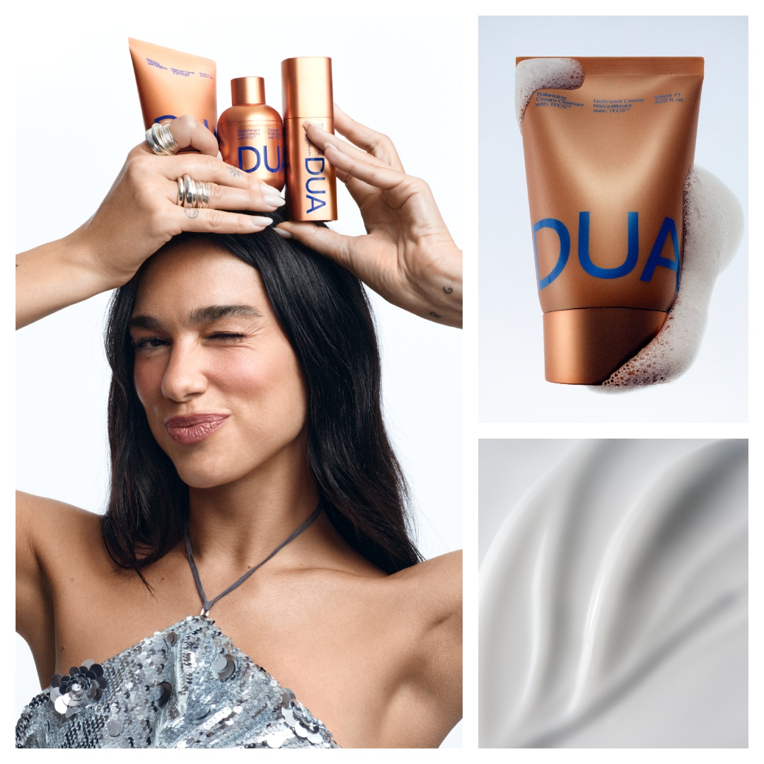 dua lipa holding dua skincare by augustinus bader on her head