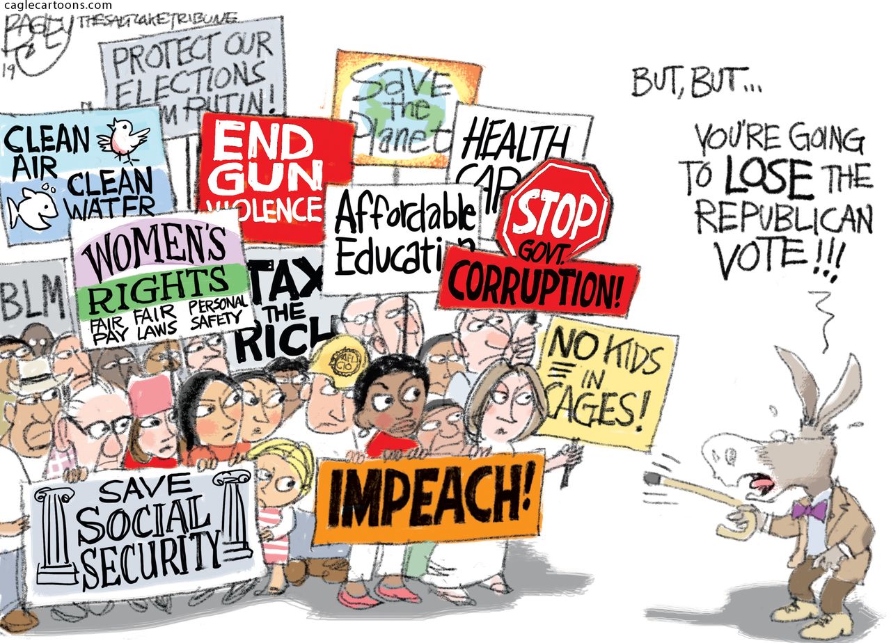 Political Cartoon U.S. Democrats 2020 Progressive Agenda Republican Vote