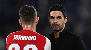 BERGAMO, ITALY - SEPTEMBER 19: Mikel Arteta of Arsenal and Jorginho of Arsenal greet after the UEFA Champions League 2024/25 League Phase MD1 match between Atalanta BC and Arsenal FC at Stadio di Bergamo on September 19, 2024 in Bergamo, Italy. (Photo by Image Photo Agency/Getty Images)