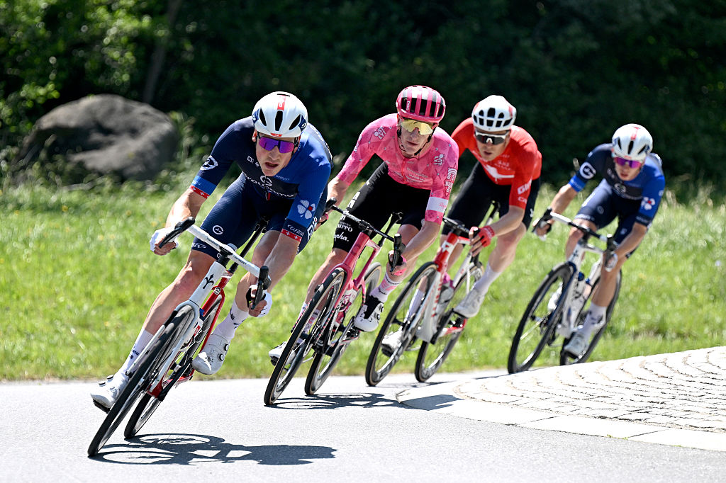 NEUHAUSEN AM RHEINFALL, SWITZERLAND - JUNE 20: Stefan Kung of Switzerland and Team Groupama - FDJ leads the peloton during the 88th Tour de Suisse 2025, Stage 6 a 186.7km stage from Chur to Neuhausen am Rheinfall / #UCIWT / on June 20, 2025 in Neuhausen am Rheinfall, Switzerland. (Photo by Tim de Waele/Getty Images)