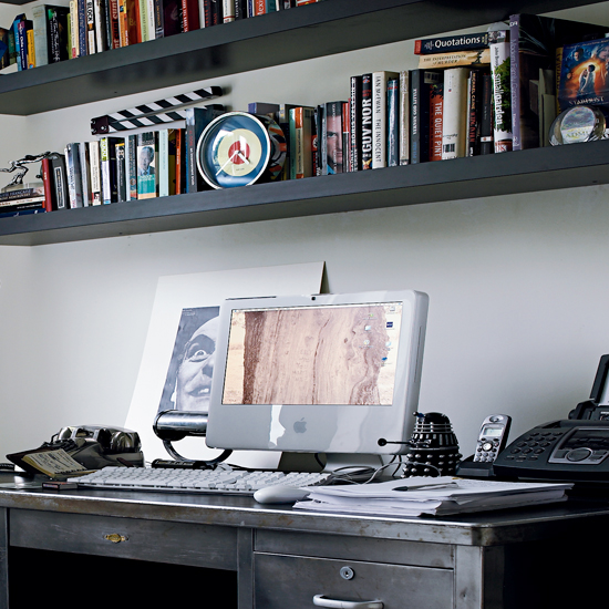 home office with desk and book shelves