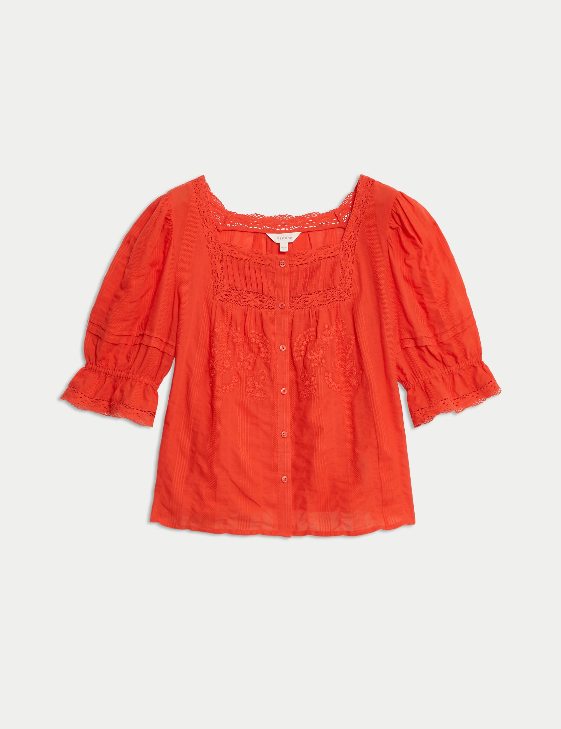 Cotton Rich Square Neck Lace Detail Puff Sleeve Blouse