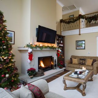 living room with fireplace and white walls