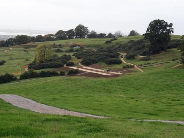 The course is beginning to take shape. The large tree on the right is the site of the 'oak tree drop' and the tunnel is visible just below it