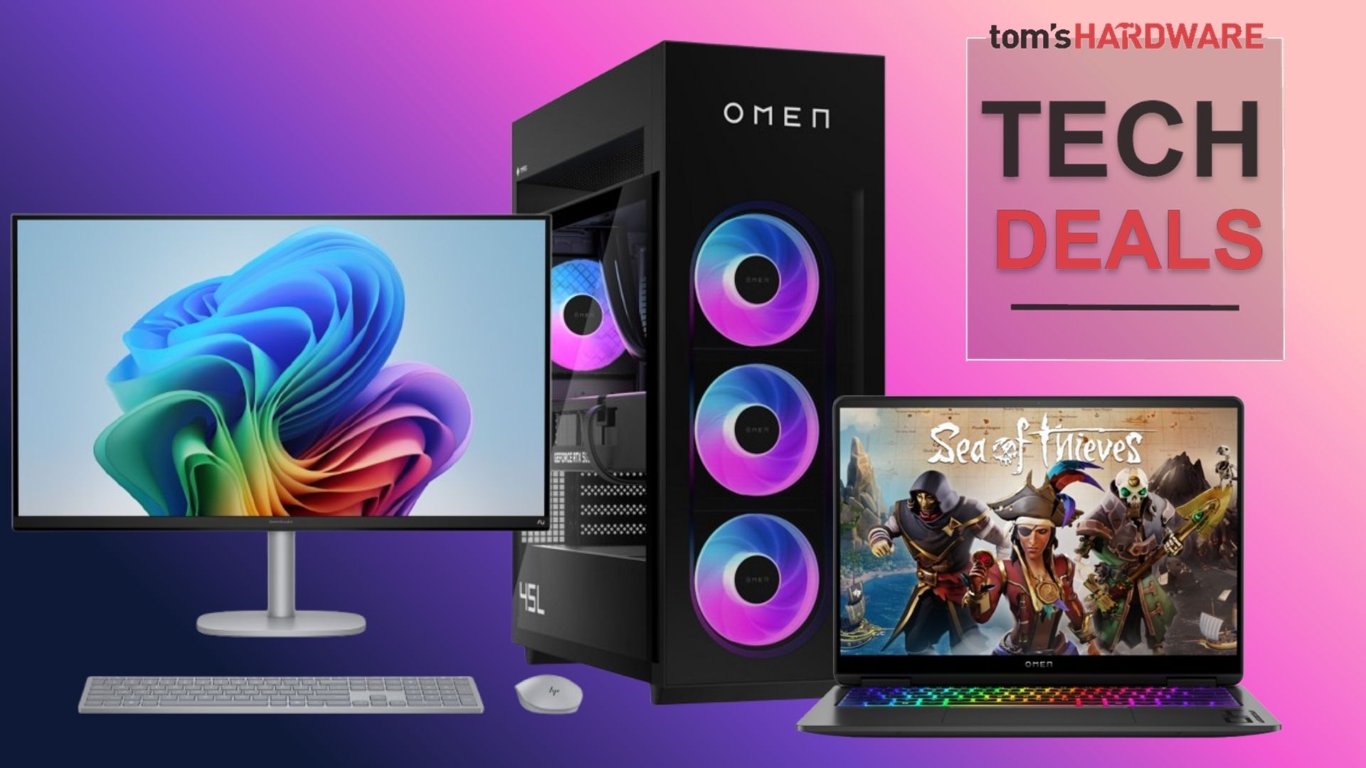 HP Memorial Day Sales 2026 featuring a laptop, desktop, and all-in-one monitor/desktop PC. 