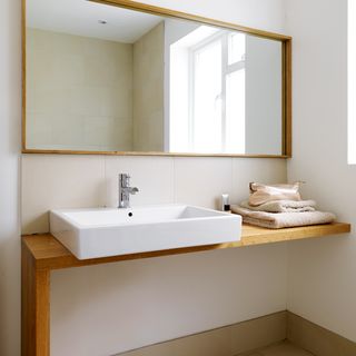 white bathroom with washbasin and mirror