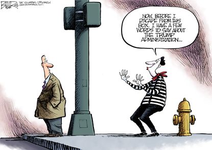 Political cartoon U.S. Donald Trump administration mime