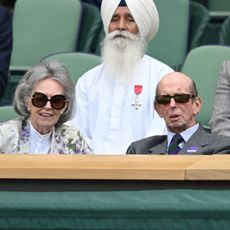 Katharine, Duchess of Kent, Rajinder Singh MBE, Prince Edward, Duke of Kent and Catherine, Duchess of Cambridge attend Wimbledon Championships Tennis Tournament at All England Lawn Tennis and Croquet Club on July 02, 2021 in London, England.