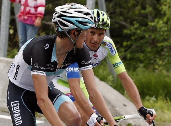 Andy Schleck and Ivan Basso size each other up on the Luz-Ardiden climb.