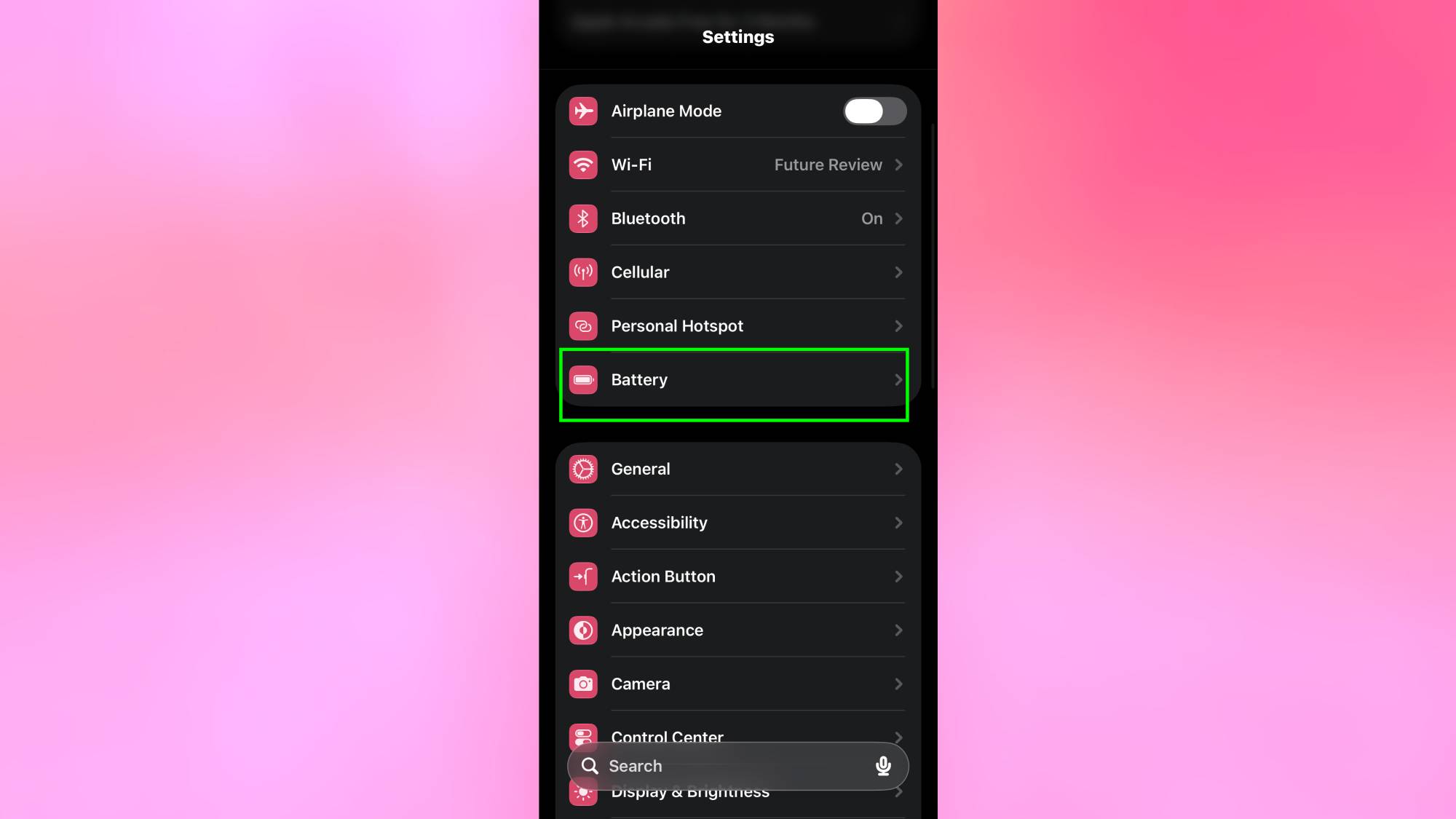 Battery highlighted in iPhone settings