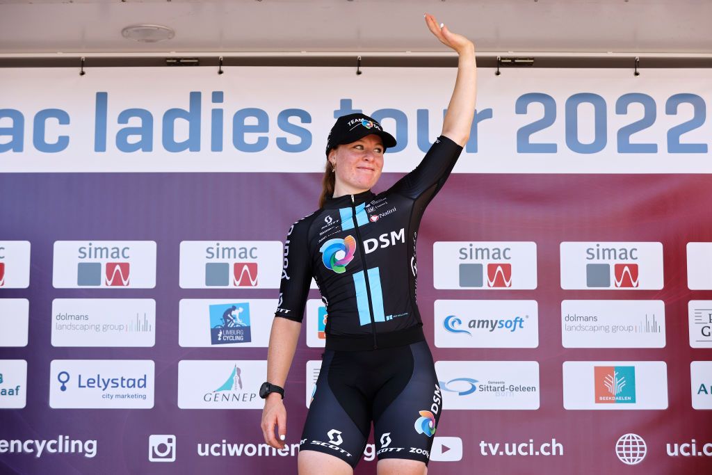 GENNEP NETHERLANDS SEPTEMBER 01 Charlotte Kool of Netherlands and Team DSM celebrates at podium as stage winner during the 25th Simac Ladies Tour 2022 Stage 3 a 1391km stage from Gennep to Gennep SLT2022 UCIWWT on September 01 2022 in Gennep Netherlands Photo by Bas CzerwinskiGetty Images