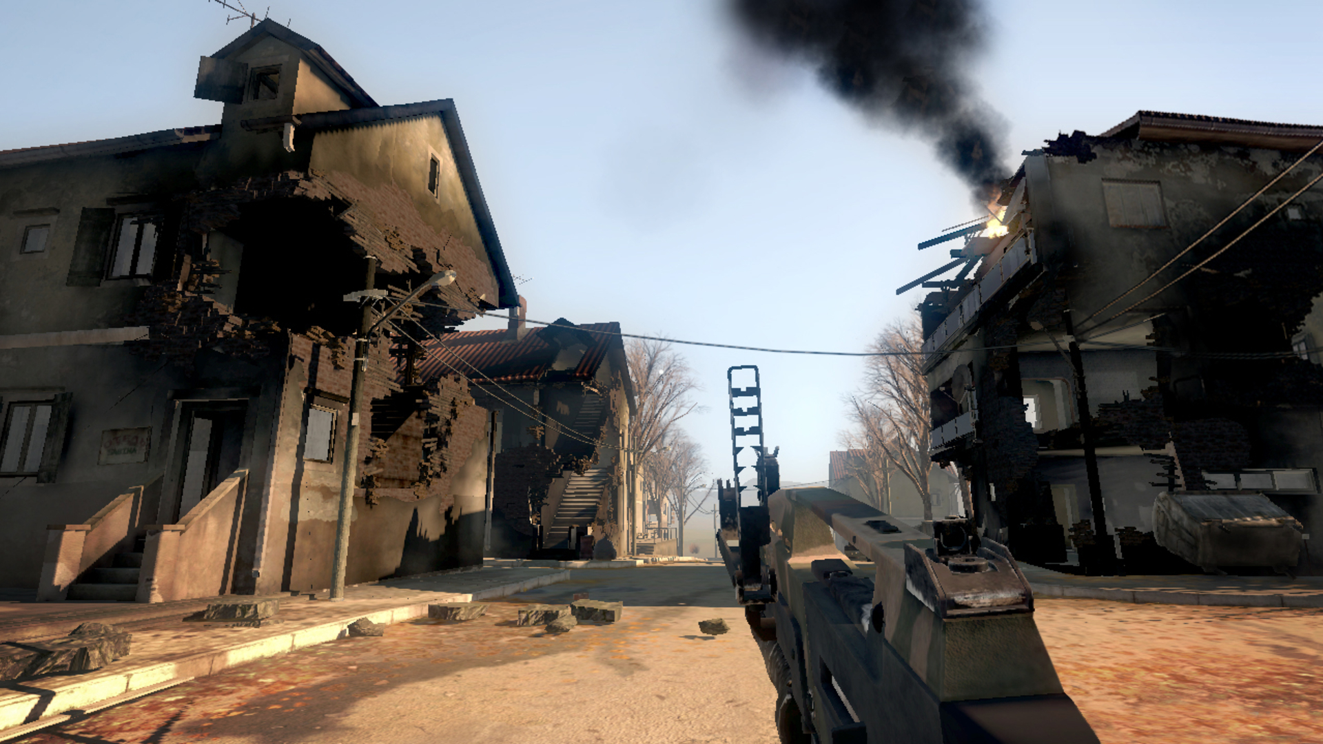 Holding a grenade launcher at destroyed houses in Battlefield Bad Company