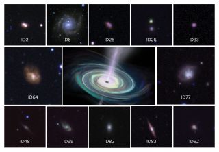 Images of galaxies that contain massive black holes, surrounding an artist's depiction of such an object.