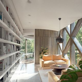 tree house living room with sofa and white book shelf