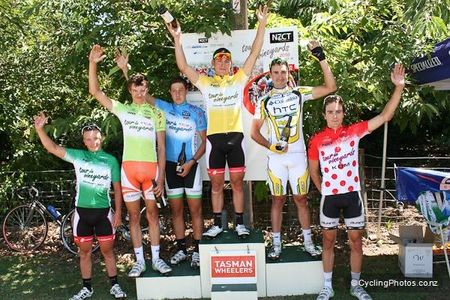 Mens Podium L to R, Alex Ray (Bica Vida) - Sprint Ace, William Bowman (Benchmark) - U19 leader, Kieran Hambrook (Tasman Glass) - U23 leader, Patrick Bevin (Bici Vida) - Tour Leader, Hayden Roulston (Columbia HTC) - 2nd on GC, James Williamson (U23 Subway Avanti) - mountains leader