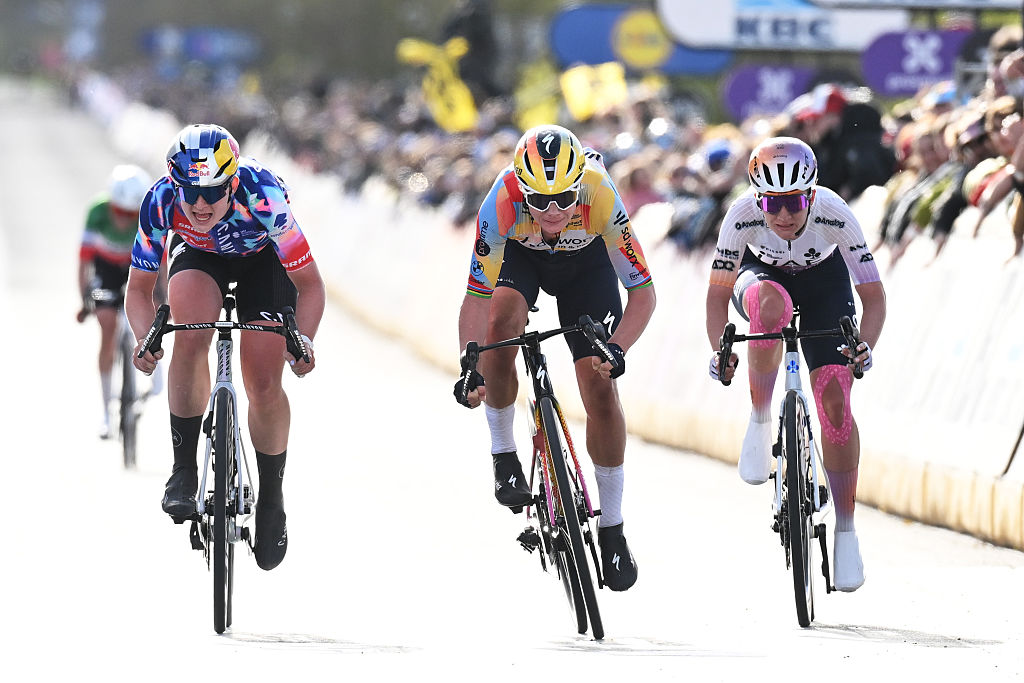 OUDENAARDE, BELGIUM - APRIL 05: (L-R) Zoe Backstedt of Great Britain and Team CANYON//SRAM zondacrypto, Lotte Kopecky of Belgium and Team SD Worx - Protime and Karlijn Swinkels of Netherlands and UAE Team ADQ sprint at finish line during the 23rd Tour of Flanders 2026 - Ronde van Vlaandere - Women&amp;apos;s Elite a 164.1km one day race from Oudenaarde to Oudenaarde / #UCIWWT / on April 05, 2026 in Oudenaarde, Belgium. (Photo by Dario Belingheri/Getty Images)
