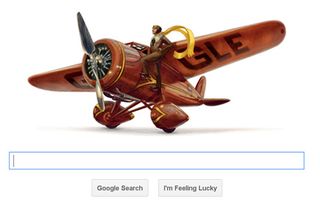 Illustration of Ameila Earhart sat on the side of an aircraft, with 'Google' printed on the wings