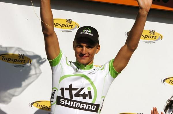 Marcel Kittel (Project 1t4i) on the podium after winning stage 2.