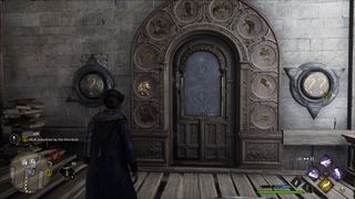 An Arithmancy puzzle door in Hogwarts Legacy