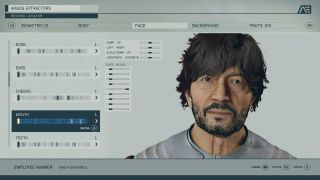Starfield character creation - a man with dark hair and short facial hair beside an interface allowing jaw shape